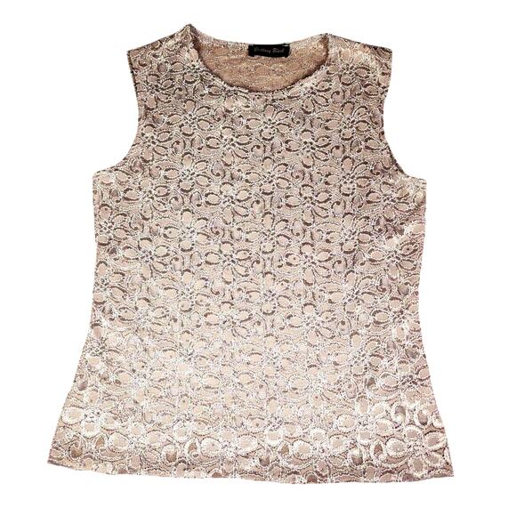Floral lace Sequined silver grey Sleeveless top Sz small Lined stretch coquette - Picture 1 of 8